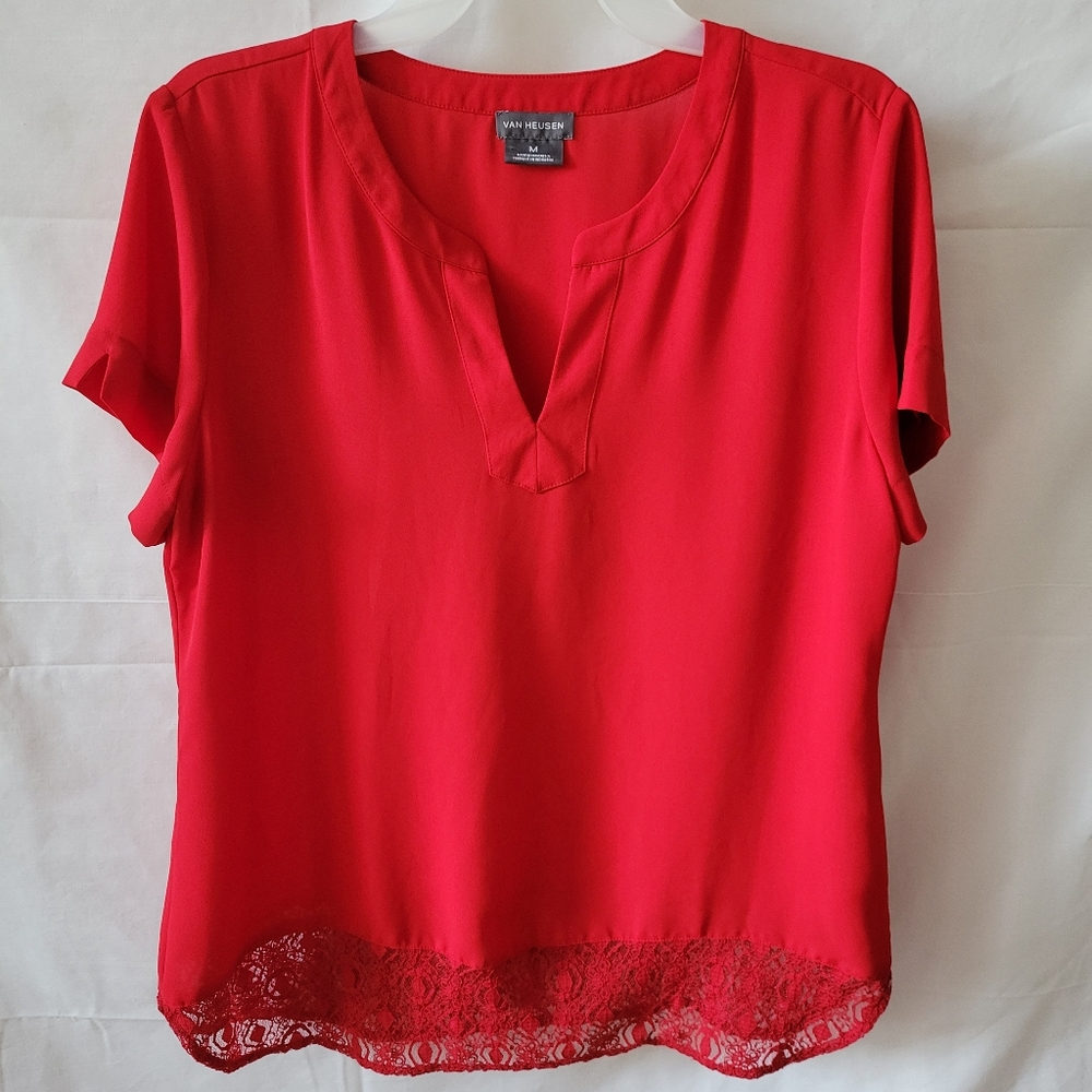 Van Heusen Red Short Sleeve Lace-Hem Blouse